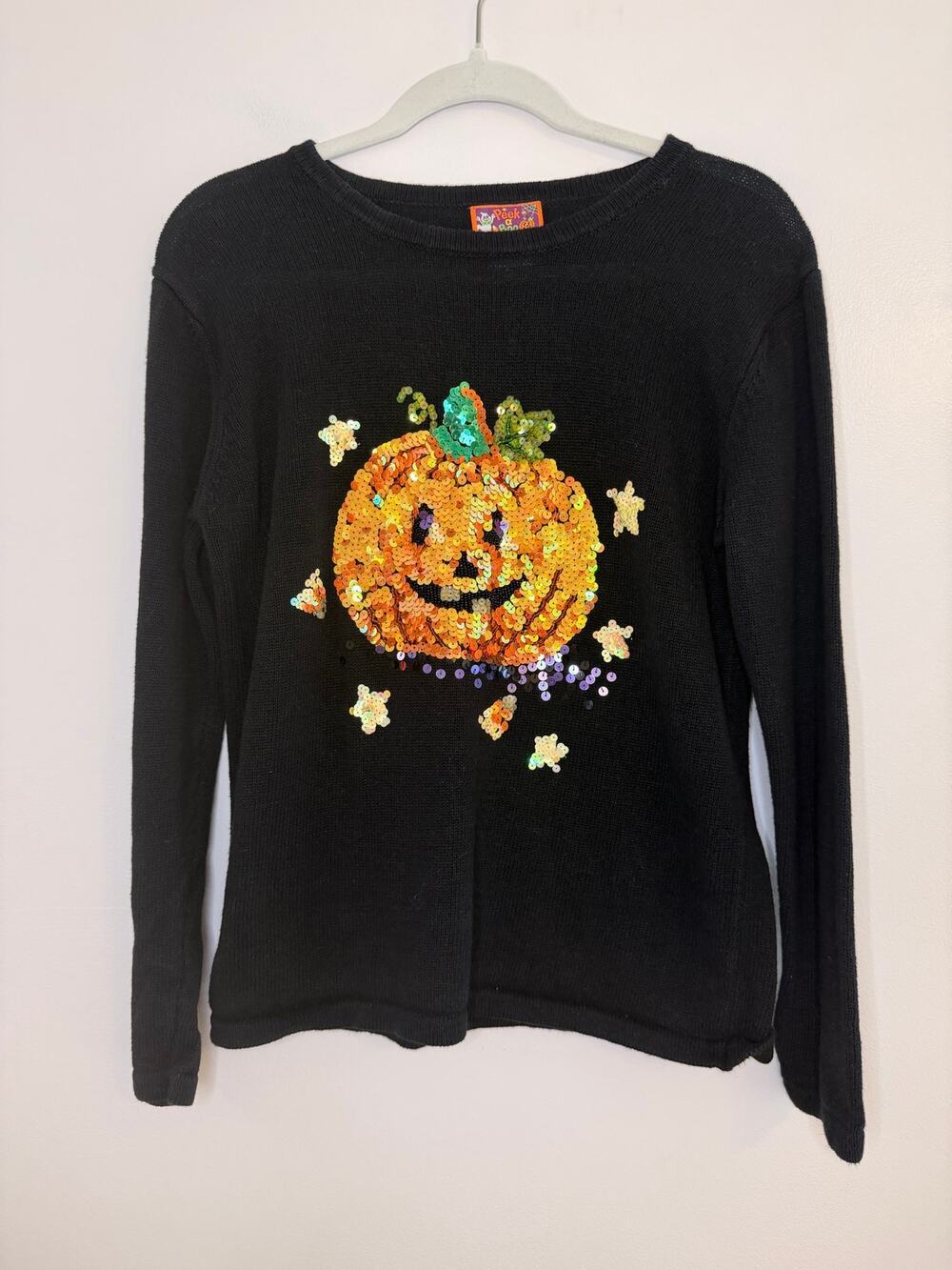 Vtg Peek A Boo Halloween Sequin Jack O’ Lantern Pumpkin Sweater Black Knit Med